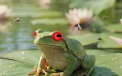 The frog with red eyes and a fly